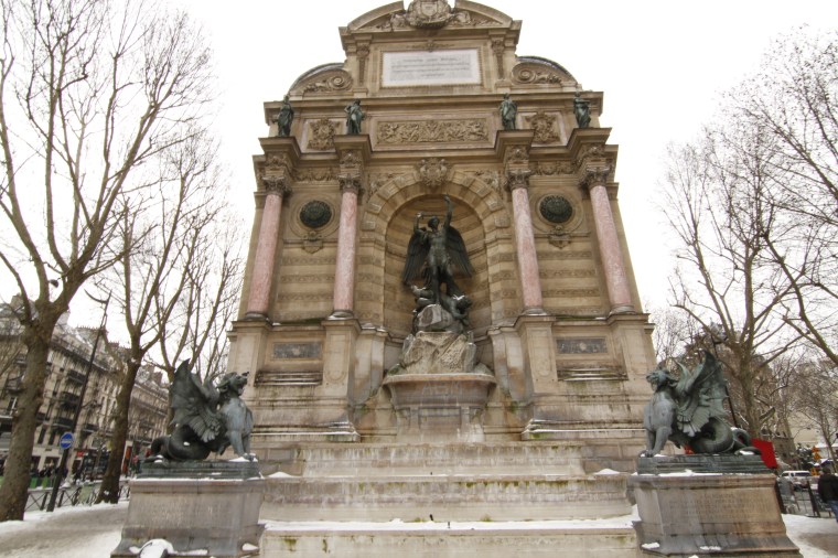 Fountain completed in 1860 and is part of Haussmann's aesthetic of grand boulevards with perspectives--each having an end point.  